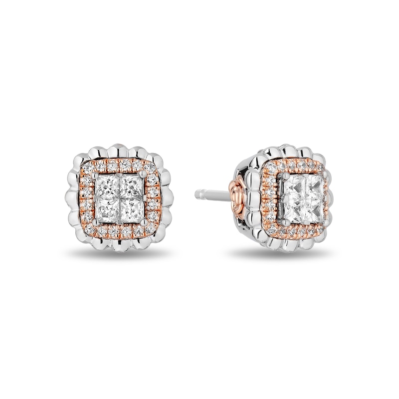 Enchanted Disney Belle 3/8 CT. T.W. Quad Princess-Cut Diamond Frame Stud Earrings in Sterling Silver and 10K Rose Gold