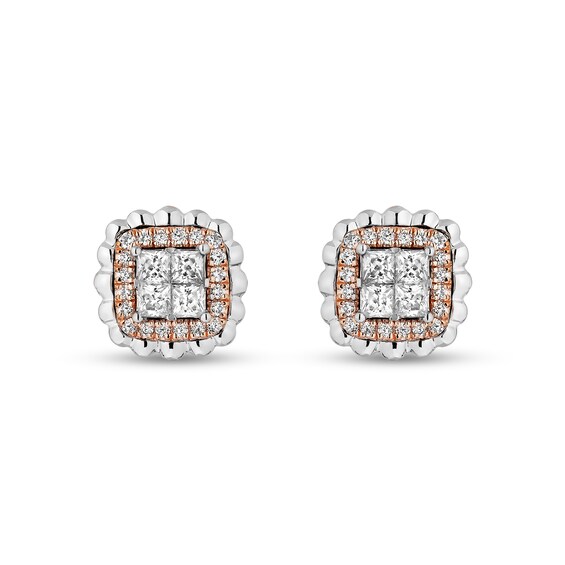Enchanted Disney Belle 3/8 CT. T.w. Quad Princess-Cut Diamond Frame Stud Earrings in Sterling Silver and 10K Rose Gold