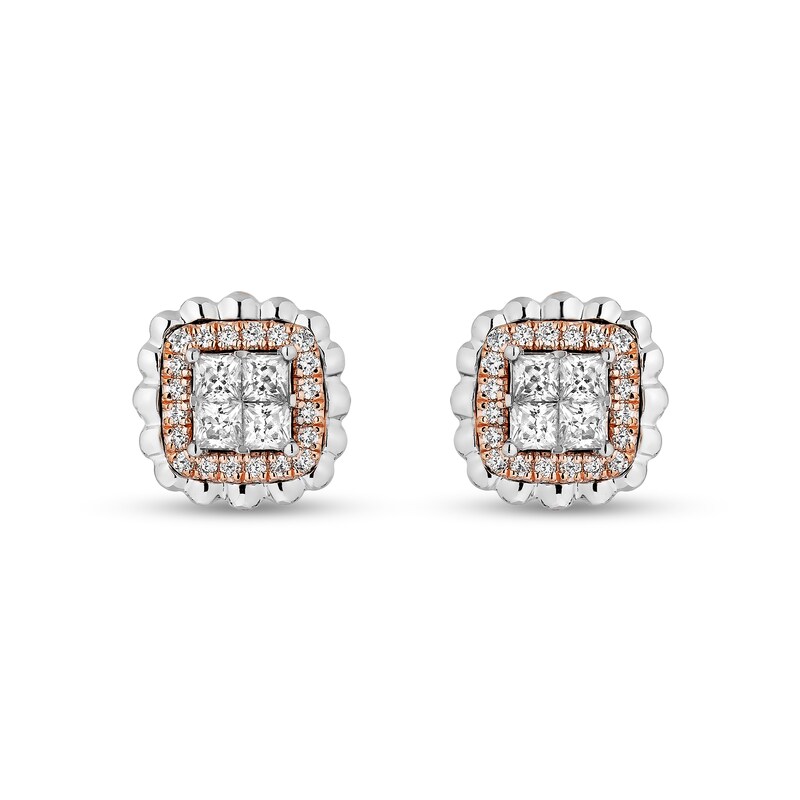 Main Image 2 of Enchanted Disney Belle 3/8 CT. T.W. Quad Princess-Cut Diamond Frame Stud Earrings in Sterling Silver and 10K Rose Gold