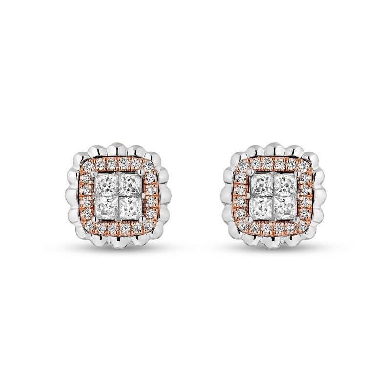 Enchanted Disney Belle 3/8 CT. T.W. Quad Princess-Cut Diamond Frame Stud Earrings in Sterling Silver and 10K Rose Gold