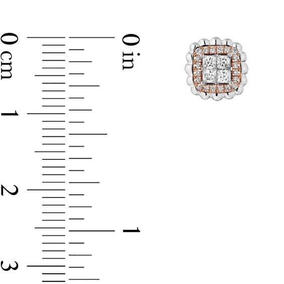 Enchanted Disney Belle 3/8 CT. T.w. Quad Princess-Cut Diamond Frame Stud Earrings in Sterling Silver and 10K Rose Gold