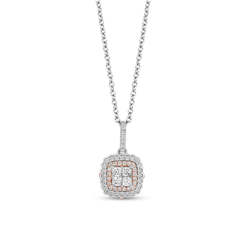 Main Image 1 of Enchanted Disney Belle 1/2 CT. T.W. Quad Princess-Cut Diamond Frame Pendant in Sterling Silver and 10K Rose Gold – 19"