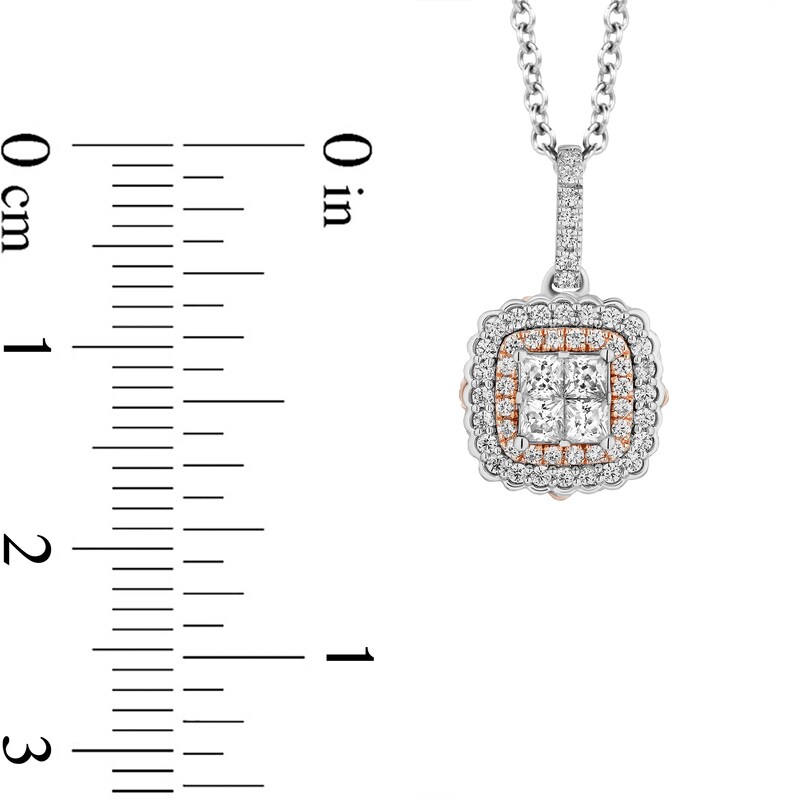 Main Image 3 of Enchanted Disney Belle 1/2 CT. T.W. Quad Princess-Cut Diamond Frame Pendant in Sterling Silver and 10K Rose Gold – 19"
