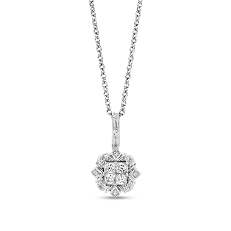 Main Image 1 of Enchanted Disney Elsa 3/8 CT. T.W. Quad Princess-Cut Diamond Frame Snowflake Pendant in Sterling Silver – 19"