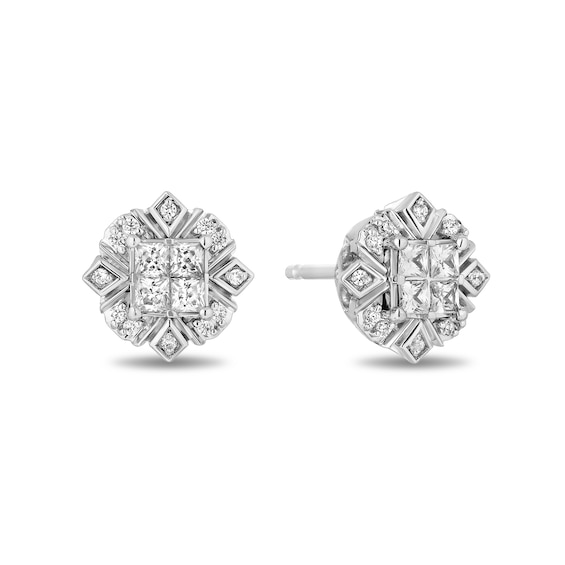 Enchanted Disney Elsa 1/2 CT. T.w. Quad Princess-Cut Diamond Frame Snowflake Stud Earrings in Sterling Silver