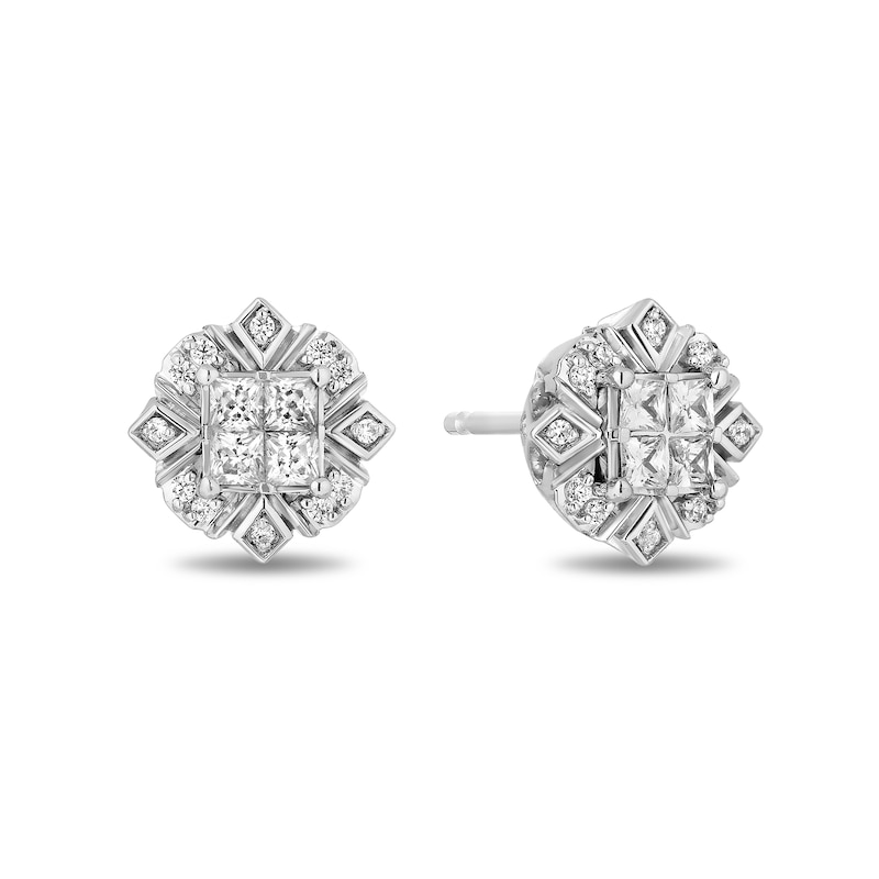 Main Image 1 of Enchanted Disney Elsa 1/2 CT. T.W. Quad Princess-Cut Diamond Frame Snowflake Stud Earrings in Sterling Silver