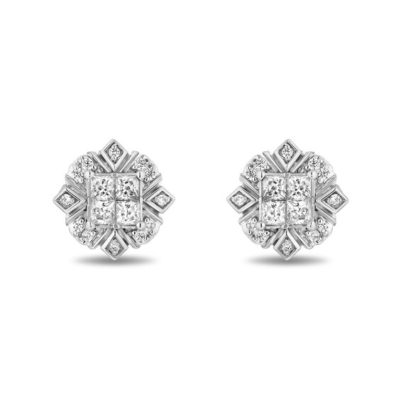 Enchanted Disney Elsa 1/2 CT. T.w. Quad Princess-Cut Diamond Frame Snowflake Stud Earrings in Sterling Silver