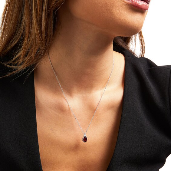 Pear-Shaped Garnet and White Lab-Created Sapphire Frame Split Bail Pendant in Sterling Silver