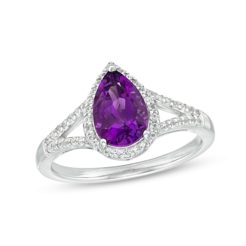 Main Image 1 of Pear-Shaped Amethyst and White Lab-Created Sapphire Frame Split Shank Ring in Sterling Silver