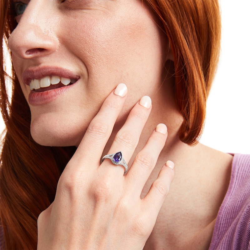 Main Image 2 of Pear-Shaped Amethyst and White Lab-Created Sapphire Frame Split Shank Ring in Sterling Silver