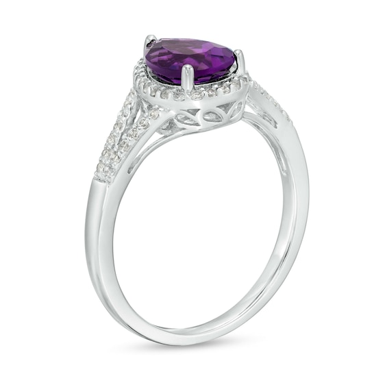 Pear-Shaped Amethyst and White Lab-Created Sapphire Frame Split Shank Ring in Sterling Silver