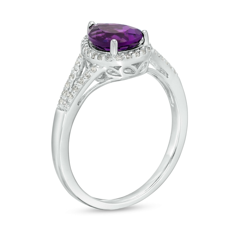 Main Image 3 of Pear-Shaped Amethyst and White Lab-Created Sapphire Frame Split Shank Ring in Sterling Silver