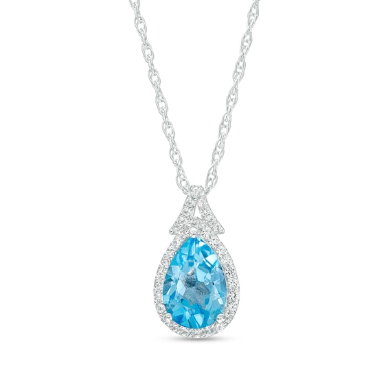 Pear-Shaped Swiss Blue Topaz and White Lab-Created Sapphire Frame Split Bail Pendant in Sterling Silver