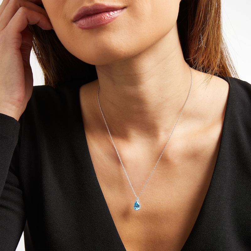 Main Image 2 of Pear-Shaped Swiss Blue Topaz and White Lab-Created Sapphire Frame Split Bail Pendant in Sterling Silver