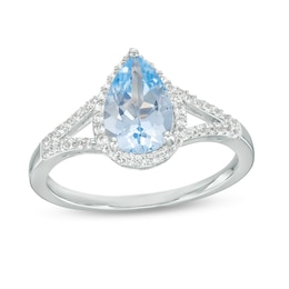 Pear-Shaped Blue Lab-Created Spinel and White Lab-Created Sapphire Frame Split Shank Ring in Sterling Silver
