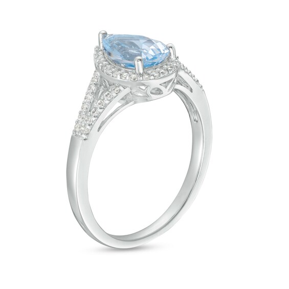 Pear-Shaped Blue Lab-Created Spinel and White Lab-Created Sapphire Frame Split Shank Ring in Sterling Silver