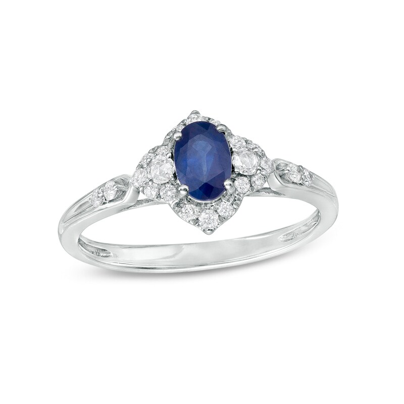 Main Image 1 of Oval Blue Sapphire and 1/4 CT. T.W. Diamond Frame Ring in 10K White Gold