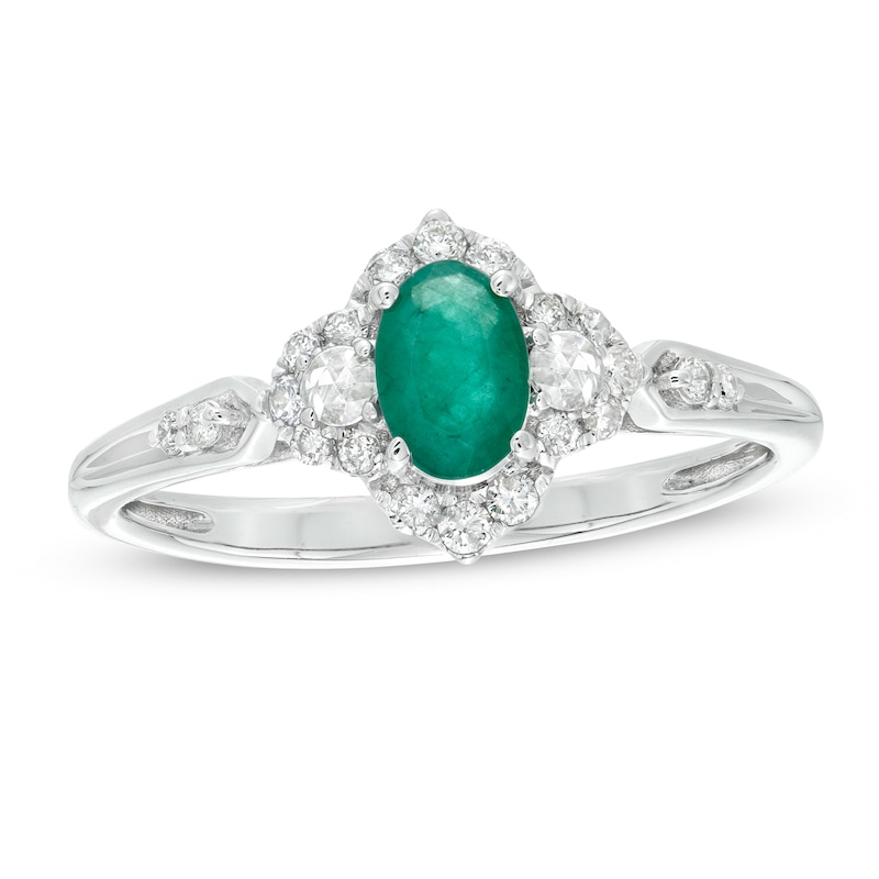 Main Image 1 of Oval Emerald and 1/4 CT. T.W. Diamond Floral Frame Ring in 10K White Gold