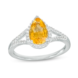 Pear-Shaped Citrine and White Lab-Created Sapphire Frame Split Shank Ring in Sterling Silver