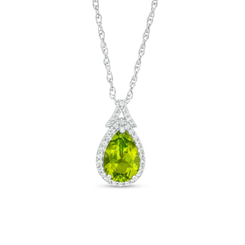 Main Image 1 of Pear-Shaped Peridot and White Lab-Created Sapphire Frame Split Bail Pendant in Sterling Silver