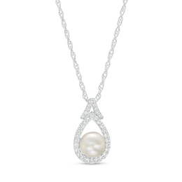 6.0mm Cultured Freshwater Pearl and White Lab-Created Sapphire Pear-Shaped Frame Split Bail Pendant in Sterling Silver