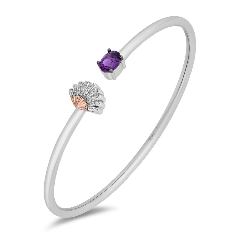 Enchanted Disney Ariel Oval Amethyst and 1/10 CT. T.W. Diamond Open Bangle in Sterling Silver and 10K Rose Gold