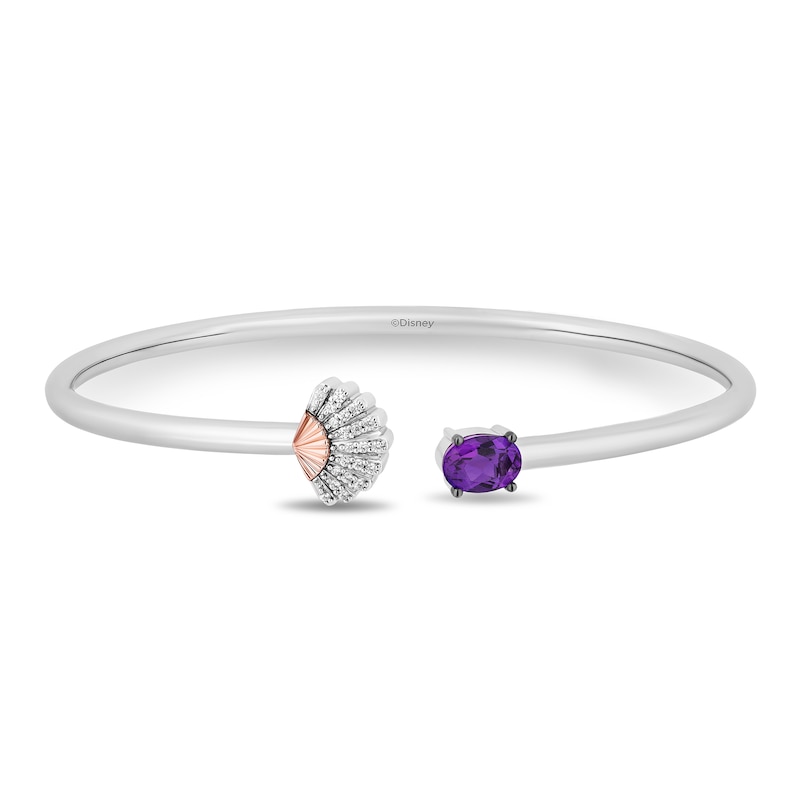 Enchanted Disney Ariel Oval Amethyst and 1/10 CT. T.W. Diamond Open Bangle in Sterling Silver and 10K Rose Gold