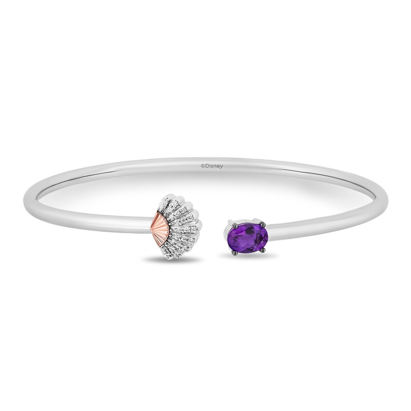 Enchanted Disney Ariel Oval Amethyst and 1/10 CT. T.W. Diamond Open Bangle in Sterling Silver and 10K Rose Gold