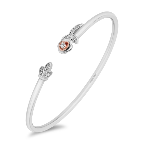 Enchanted Disney Belle 1/6 CT. T.w. Diamond Rose Leaf Open Bangle in Sterling Silver and 10K Rose Gold
