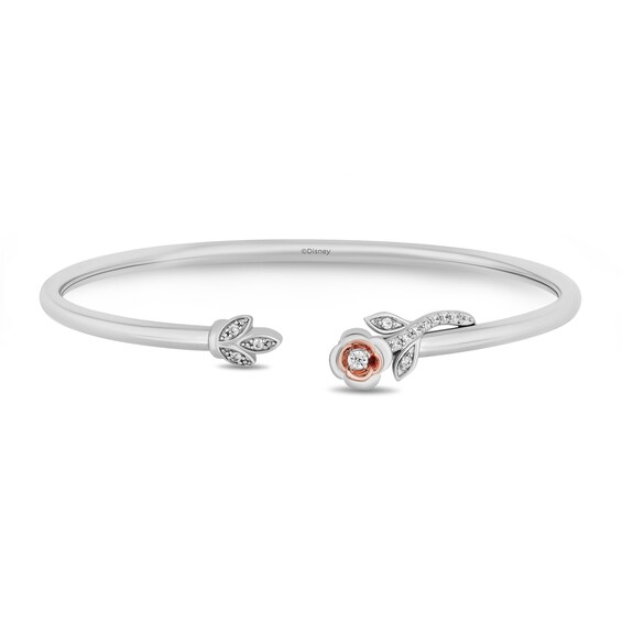 Enchanted Disney Belle 1/6 CT. T.w. Diamond Rose Leaf Open Bangle in Sterling Silver and 10K Rose Gold