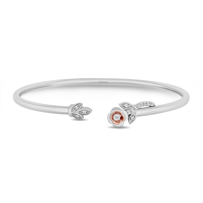 Enchanted Disney Belle 1/6 CT. T.W. Diamond Rose Leaf Open Bangle in Sterling Silver and 10K Rose Gold