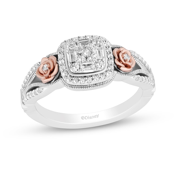 Enchanted Disney Belle 1/3 CT. T.w. Cushion-Shaped Multi-Diamond Frame Ring in Sterling Silver and 10K Rose Gold