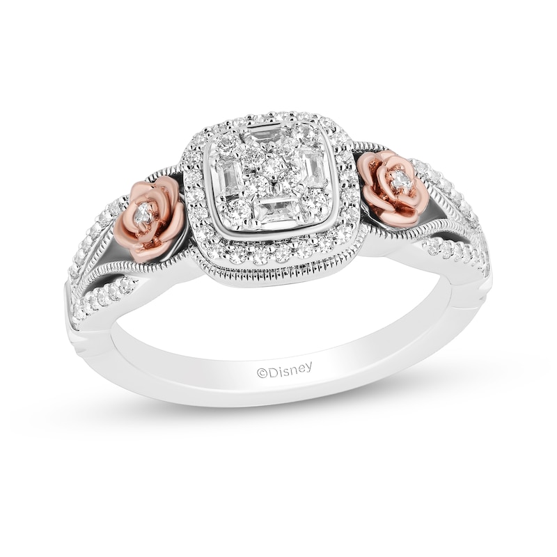 Enchanted Disney Belle 1/3 CT. T.W. Cushion-Shaped Multi-Diamond Frame Ring in Sterling Silver and 10K Rose Gold