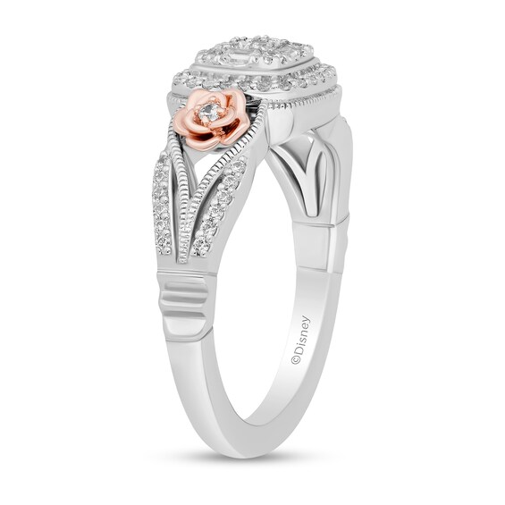 Enchanted Disney Belle 1/3 CT. T.w. Cushion-Shaped Multi-Diamond Frame Ring in Sterling Silver and 10K Rose Gold