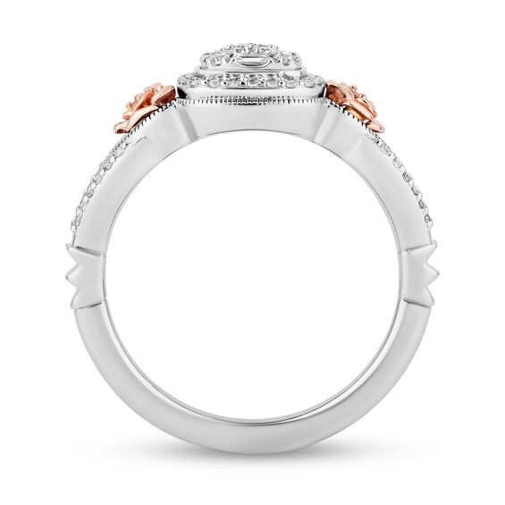 Enchanted Disney Belle 1/3 CT. T.w. Cushion-Shaped Multi-Diamond Frame Ring in Sterling Silver and 10K Rose Gold