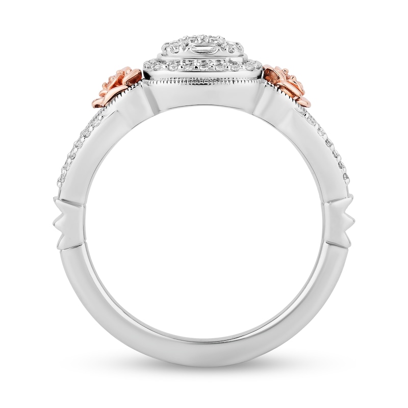 Enchanted Disney Belle 1/3 CT. T.W. Cushion-Shaped Multi-Diamond Frame Ring in Sterling Silver and 10K Rose Gold