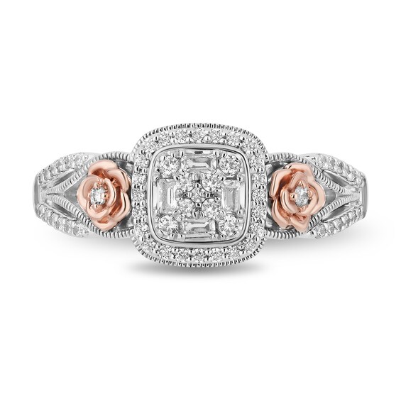 Enchanted Disney Belle 1/3 CT. T.w. Cushion-Shaped Multi-Diamond Frame Ring in Sterling Silver and 10K Rose Gold