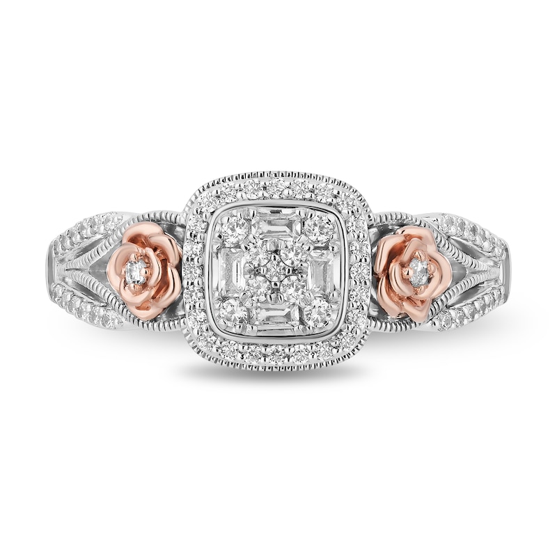 Enchanted Disney Belle 1/3 CT. T.W. Cushion-Shaped Multi-Diamond Frame Ring in Sterling Silver and 10K Rose Gold