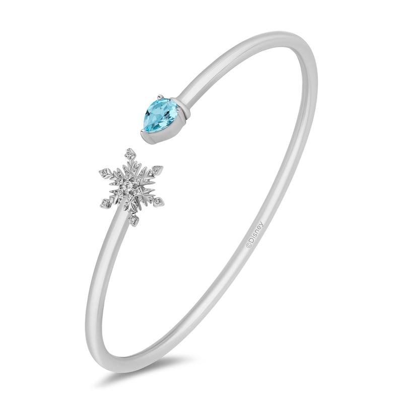 Enchanted Disney Elsa Pear-Shaped Aquamarine and 1/15 CT. T.W. Diamond Snowflake Open Bangle in Sterling Silver