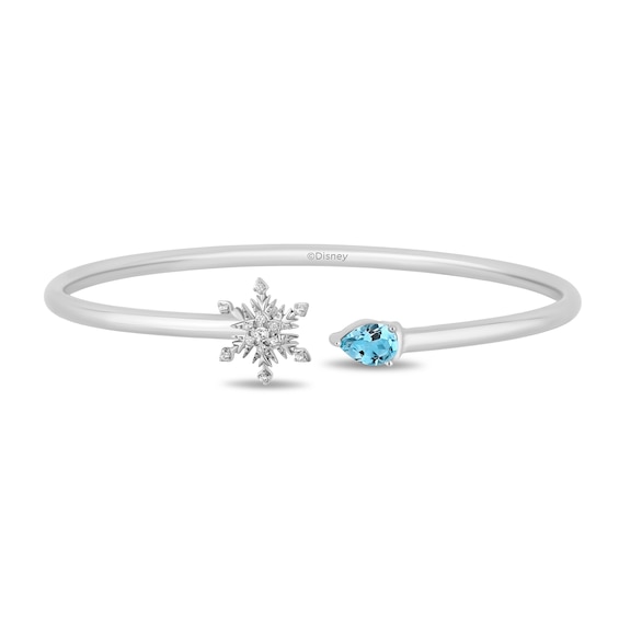 Enchanted Disney Elsa Pear-Shaped Aquamarine and 1/15 CT. T.w. Diamond Snowflake Open Bangle in Sterling Silver