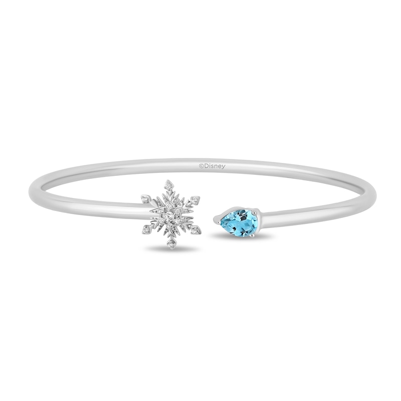Enchanted Disney Elsa Pear-Shaped Aquamarine and 1/15 CT. T.W. Diamond Snowflake Open Bangle in Sterling Silver