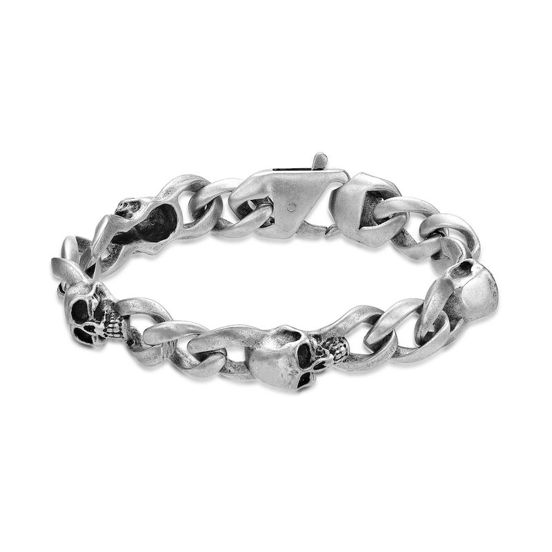 Men's 12.0mm Grey Skull Antique-Finish Link Bracelet in Stainless Steel - 8.5"