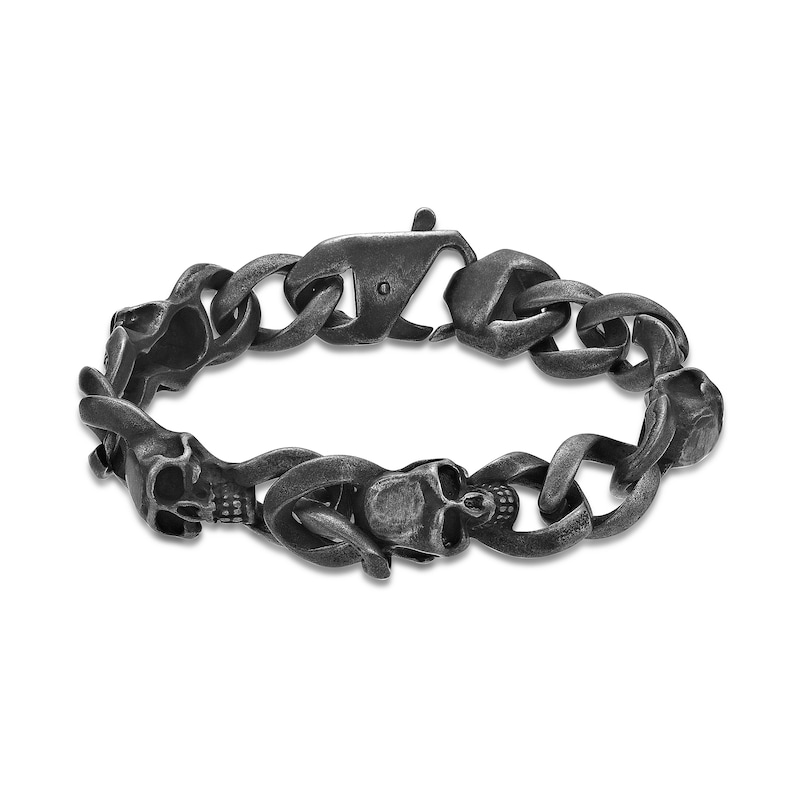 Main Image 1 of Men's 12.0mm Black Skull Antique-Finish Link Bracelet in Stainless Steel - 8.5"