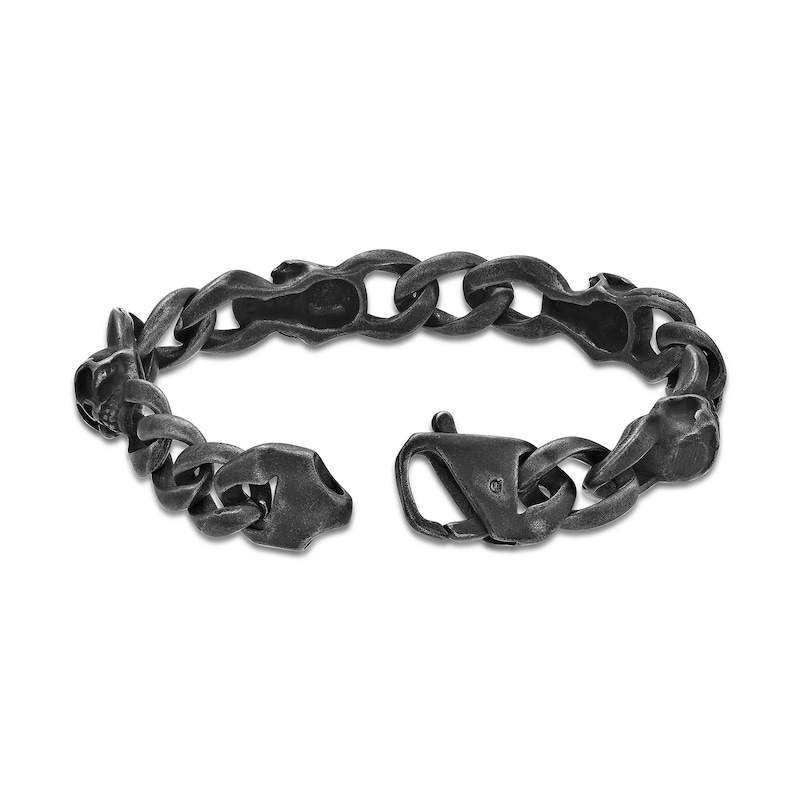 Main Image 2 of Men's 12.0mm Black Skull Antique-Finish Link Bracelet in Stainless Steel - 8.5"