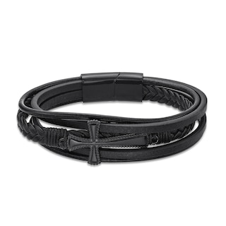 14.0mm Leather Braided Stacked Cross Bracelet with Black IP Stainless Steel Clasp - 8.5"