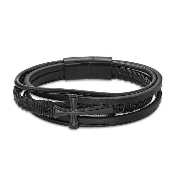 14.0mm Leather Braided Stacked Cross Bracelet with Black IP Stainless Steel Clasp - 8.5"