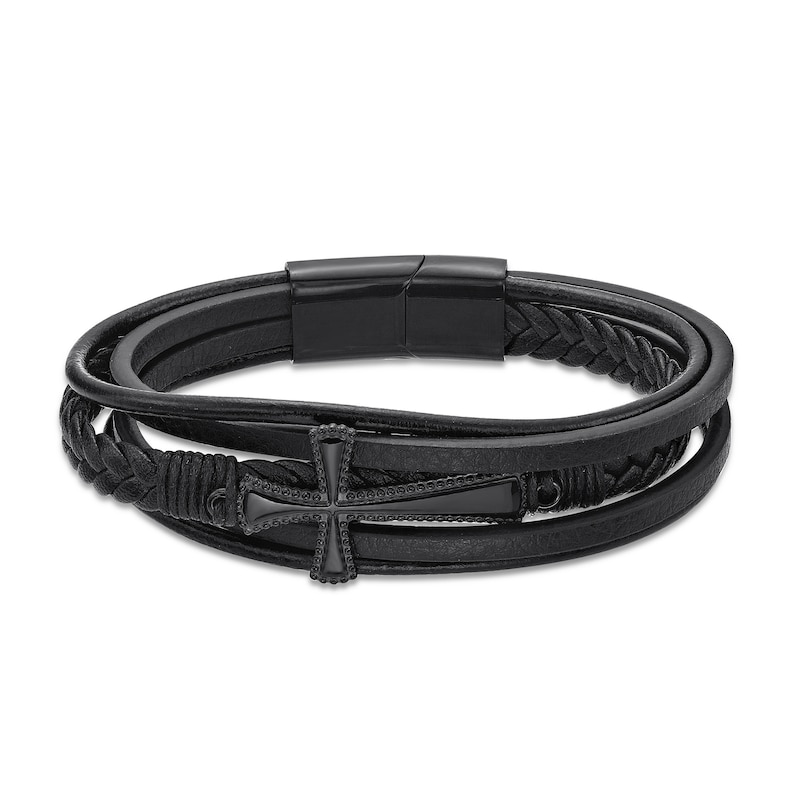 Men's 14.0mm Leather Braided Stacked Cross Bracelet with Black IP Stainless  Steel Clasp - 8.5