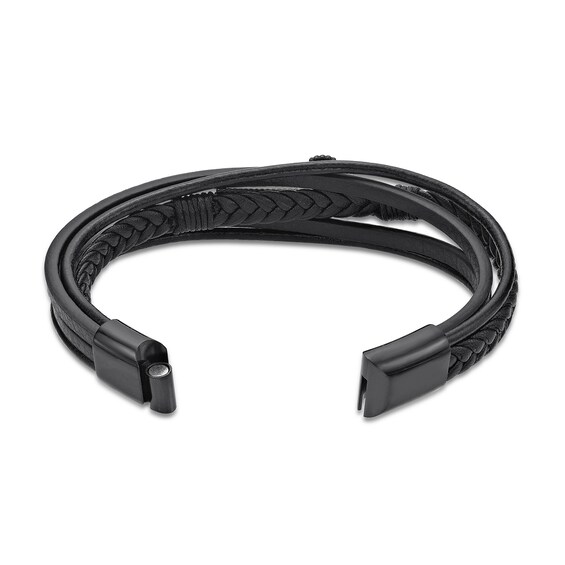 14.0mm Leather Braided Stacked Cross Bracelet with Black IP Stainless Steel Clasp - 8.5"