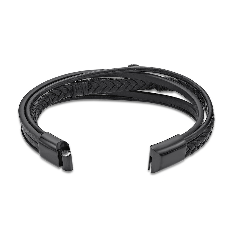 Men's 14.0mm Leather Braided Stacked Cross Bracelet with Black IP Stainless Steel Clasp - 8.5"
