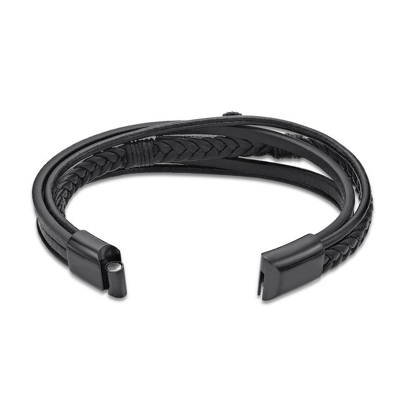 Double Layer Men Name Bracelet - Black Leather